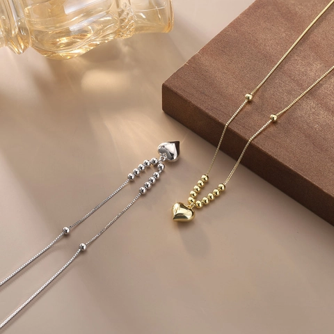 925 Sterling Silver Heart Pendant Necklace With Round Beads Snake Bone Chain Gold White Gold Plated Birthday Jewelry For Women
