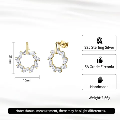 Orecchini a Bottone a Cerchio Geometrici in Argento Sterling 925 Donna Zirconia Rettangolare Brillante Placcati Oro