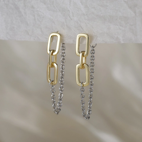 French Style 925 Sterling Silver Long Chain Tassel Earrings For Women Two-Tone Gold Silver Spliced Geometric Earring Jewelry