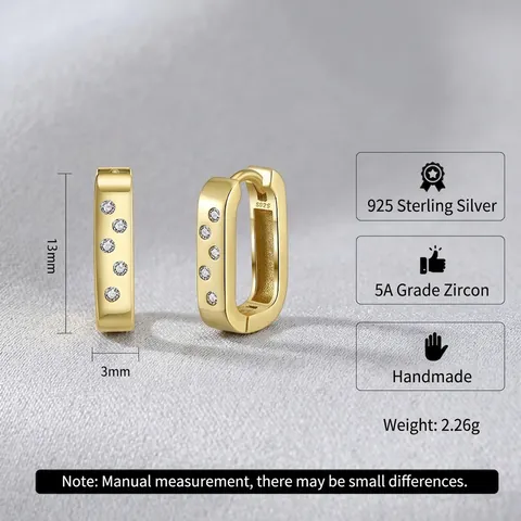 925 Sterling Silver Rectangular Hoop Earrings For Women Minimalist Inlaid Zirconia Geometric Design Gold White Gold Plated Earrings