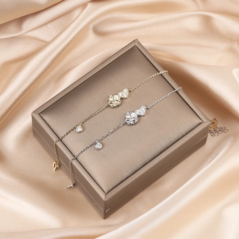 Pulsera Elegante de Plata de Ley 925 con Flor y Corazón de Strass para Mujer Chapado en Oro de 14K Colgante de Corazón Cadena Ajustable Joyería Regalo