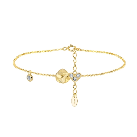 Pulsera Elegante de Plata de Ley 925 con Flor y Corazón de Strass para Mujer Chapado en Oro de 14K Colgante de Corazón Cadena Ajustable Joyería Regalo