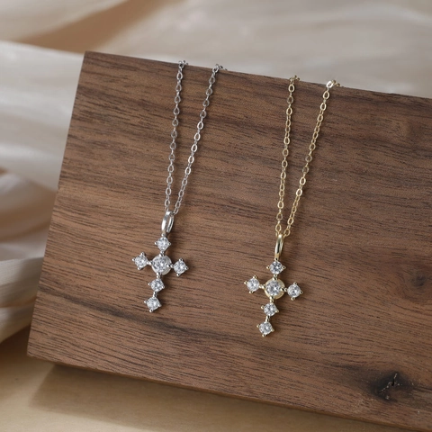Collar de Pendiente de Cruz de Plata de Ley 925 Elegante Circonia Incrustada Joyería Minimalista para Mujeres Diario