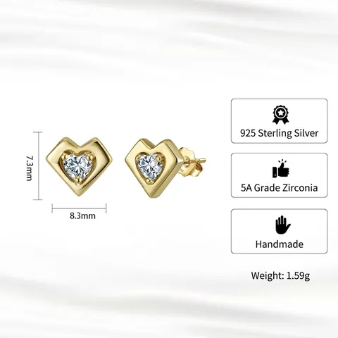 925 Sterling Silver Heart Zirconia Stud Earrings 14K Gold Plated Minimalist Heart Shaped Jewelry For Women Valentine Gift