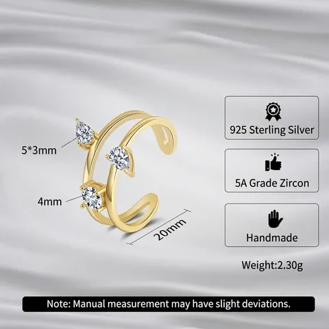 S925 925 Sterling Silver Double Layer Hollow Line Zirconia Open Ring Fashion Geometric Water Drop Adjustable Jewelry Women