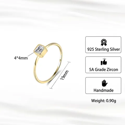 Anillo de Plata de Ley S925 Con Circonia Cuadrada de Corte Princesa para Mujer Chapado en Oro Plata Minimalista Geométrico Engaste Joyería Anillo