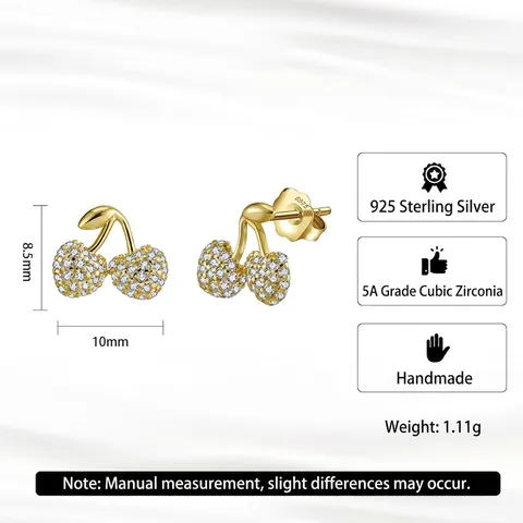 Pendientes de Botón de Cereza de Plata de Ley S925 para Mujer Diamantes de Imitación Oro de 14K Oro Blanco Galvanizado Joyería de Fruta