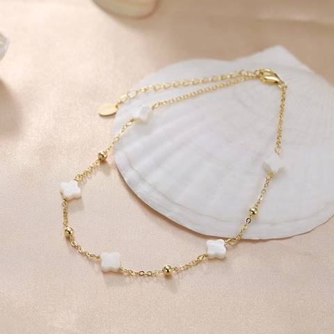 925 Sterlingsilber Vierblättriges Kleeblatt Fußkettchen Für Damen Natürliche Muschel Vergoldet Minimalistischer Modeschmuck