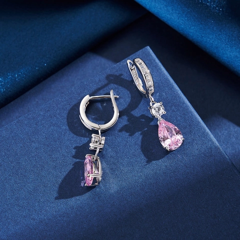 925 Sterling Silver Pear Shape Pink Zirconia Drop Hoop Earrings Elegant Water Drop Dangle Earrings Jewelry For Women Gift