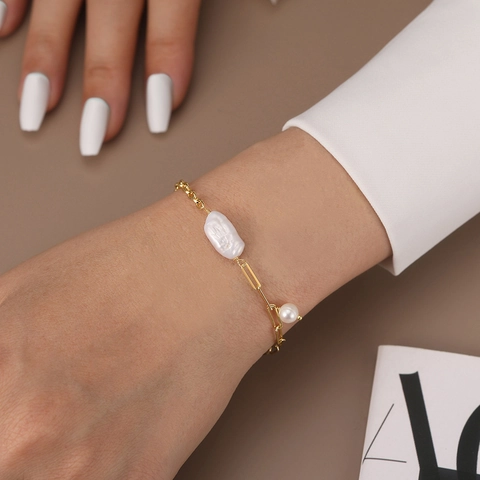 Pulsera de Plata de Ley 925 Con Perla de Agua Dulce para Mujer Perla Barroca Cierre OT Cadena de Empalme Joyería de Moda Regalo de Aniversario