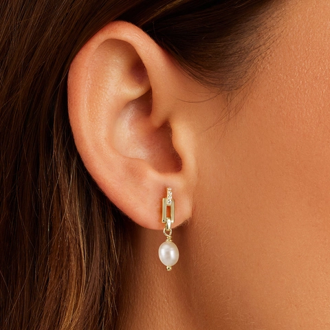 925 Sterling Silver Freshwater Pearl Zirconia Drop Earrings For Women Elegant Geometric Link Rectangle Dangle Jewelry Gift
