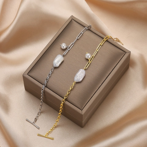 Pulsera de Plata de Ley 925 Con Perla de Agua Dulce para Mujer Perla Barroca Cierre OT Cadena de Empalme Joyería de Moda Regalo de Aniversario