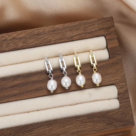 925 Sterling Silver Freshwater Pearl Zirconia Drop Earrings For Women Elegant Geometric Link Rectangle Dangle Jewelry Gift