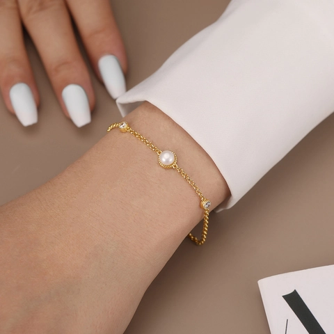 925 Sterling Silver Freshwater Pearl Bubble Bracelet For Women 14K Gold Plated Minimalist Zirconia Chain Bracelet Jewelry Gift