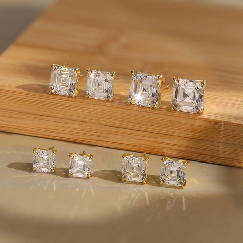 925 Sterling Silver Princess Cut Cubic Zirconia Stud Earrings 14K Gold Plated Classic Four Claw Square Inlaid Jewelry For Women