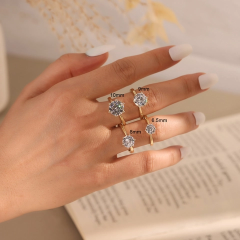 Anillo de Boda de Plata de Ley S925 Clásico de Seis Garras con Strass Apertura Ajustable Banda de Compromiso Brillante Mujer Joyería