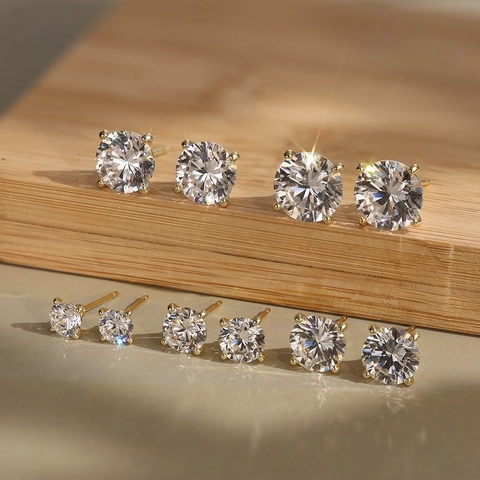 Pendientes de Botón de Plata de Ley 925 con Strass Redondo para Mujer Pequeña Joyería con Engaste de Cuatro Garras Regalo de Boda