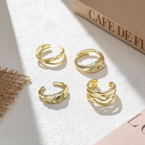 Anillo Abierto Geométrico Ondulado de Plata de Ley 925 para Mujer Minimalista Plateado Oro Plata Ajustable Joyería de Dedo