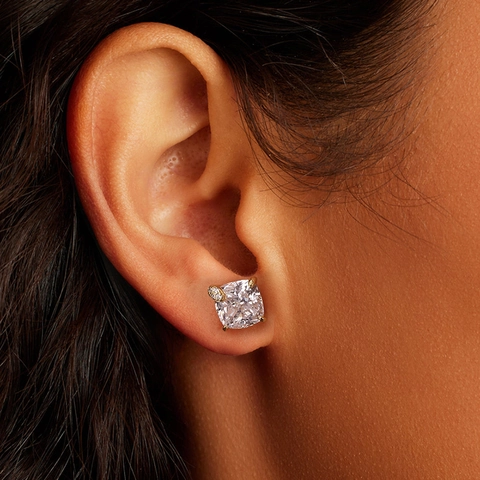 Orecchini a Bottone in Argento Sterling 925 Con Zirconia Taglio Cushion Per Donna Placcati in Oro 14K Gioielli Minimalisti