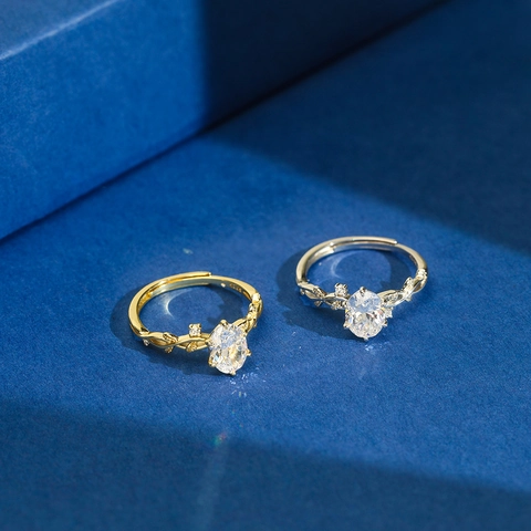 Anello Regolabile Foglia Di Vite Natura Argento Sterling 925 Zircone Ovale Gioielli Ramo Romantico Regalo San Valentino