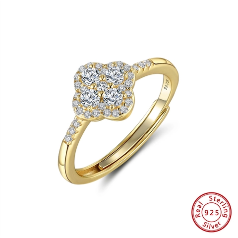 Anillo Abierto Ajustable de Plata de Ley 925 con Trébol de Cuatro Hojas para Mujer Chapado en Oro Blanco con Strass Joyería