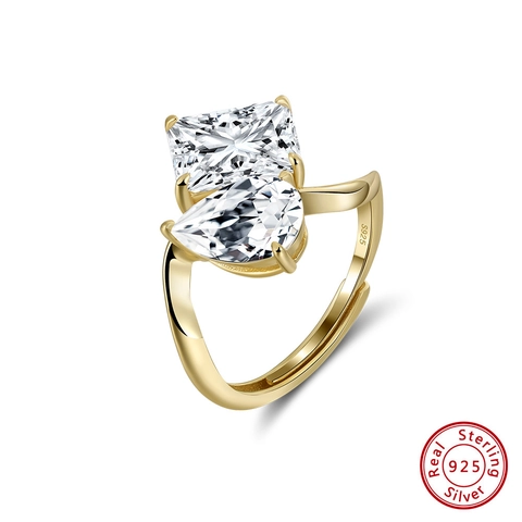 925 Sterling Silver Open Adjustable Ring Toi Et Moi Double Stone Pear And Emerald Cut Clear Cubic Zirconia Elegant Jewelry For Women