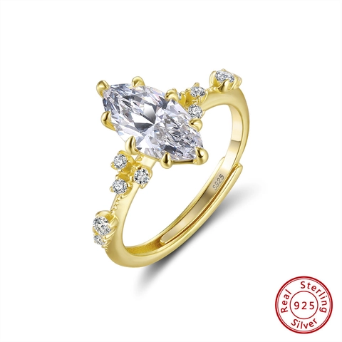 Marquise Cut Zircon Ring 925 Sterling Silver Adjustable Band Elegant Luxury Jewelry For Women