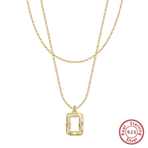 925 Sterlingsilber Doppellagige Halskette Damen Geometrische Lava Textur Rechteck Anhänger Eleganter Mode Schmuck