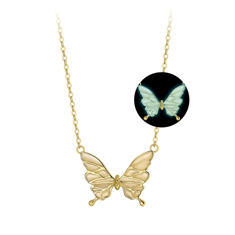 925 Sterling Silver Luminous Butterfly Pendant Necklace For Women Elegant Glow In The Dark Rhinestone Electroplated Fashion Jewelry