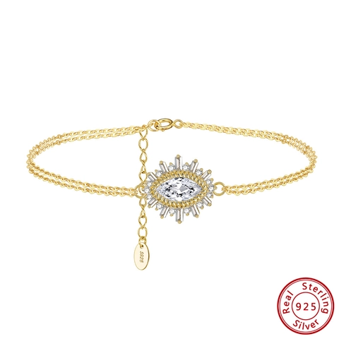 925 Sterling Silver Evil Eye Double Layer Chain Bracelet With Cubic Zirconia Marquise Cut Luxury Elegant Jewelry For Women