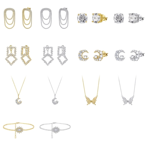 Juego De Collar Pendientes Pulsera De Plata De Ley 925 De Lujo Con Circonita Cúbica 5A Mariposa Luna Joyas Geométricas Para Mujer