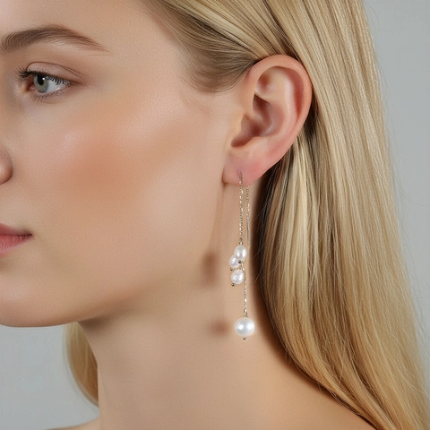 Orecchini a Filo in Argento Sterling 925 Con Perla d'Acqua Dolce e Nappa Lunga Eleganti Gioielli da Sposa Donna