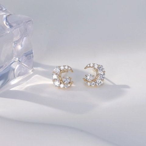 925 Sterling Silver Moon Stud Earrings Pave Rhinestone Geometric Celestial Earrings For Women Electroplated Jewelry Gift