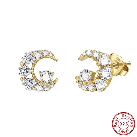 925 Sterling Silver Moon Stud Earrings Pave Rhinestone Geometric Celestial Earrings For Women Electroplated Jewelry Gift