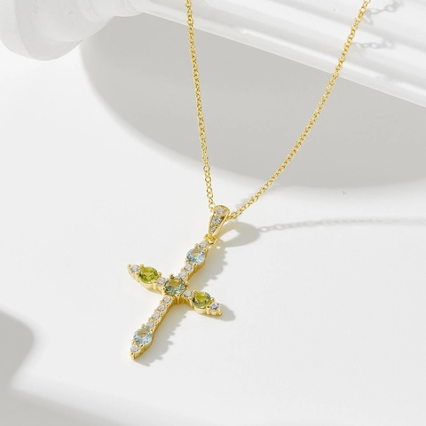 Collana con Pendente a Croce in Argento Sterling 925 Zirconia Multicolore Pavé Oro Argento Placcato Gioielli Donna Regalo