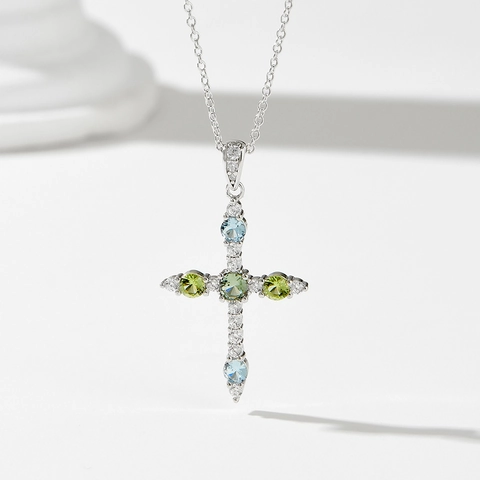 Collana con Pendente a Croce in Argento Sterling 925 Zirconia Multicolore Pavé Oro Argento Placcato Gioielli Donna Regalo