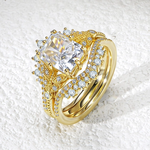 Luxury 925 Sterling Silver Ring Set For Women Crown Radiant Cut Rhinestone Wedding Engagement Rings Gold Stackable Jewelry