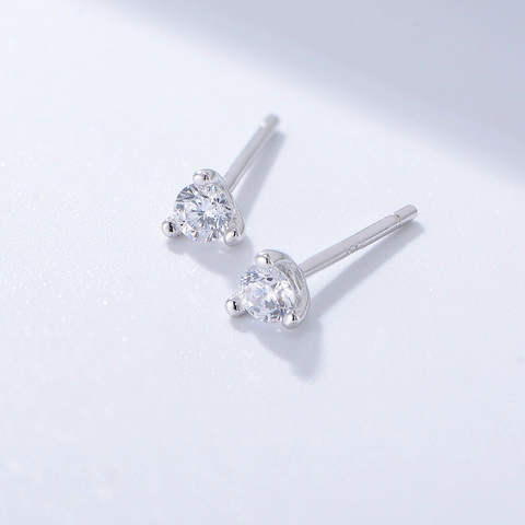 925 Sterling Silver Round Zirconia Stud Earrings For Women Simple Three-Claw Minimalist Sparkling Jewelry Gift
