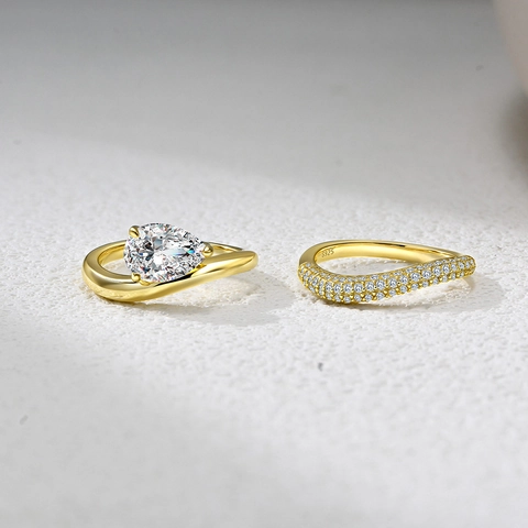 925 Sterling Silver Zirconia Ring Set Women Fashion Water Drop Pear Shape Gold Plated Engagement Wedding Ring Set Jewelry