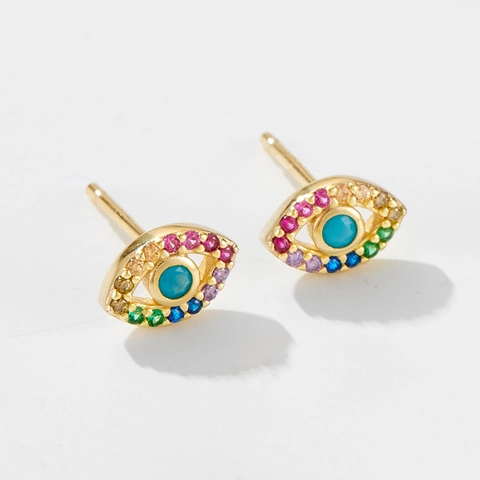 Orecchini a Bottone Malocchio in Argento Sterling 925 per Donna Placcati in Oro con Intarsi in Strass Multicolore Gioielli di Moda