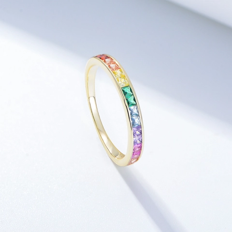 Anello in Argento Sterling S925 Con Zirconia Arcobaleno per Donna Taglio Quadrato Micro Intarsiato Placcato Oro Argento Gioielli di Moda Anello a Fascia