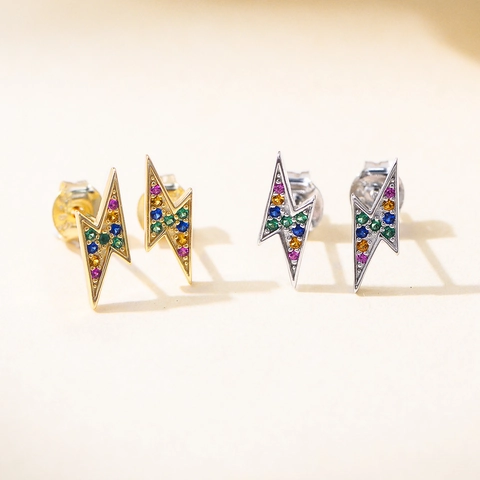S925 Sterling Silver Lightning Stud Earrings Micro Inlaid Colorful White Zirconia Geometric Dainty Earrings For Women Commuter Jewelry