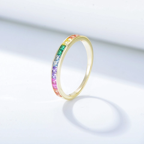 Anello in Argento Sterling S925 Con Zirconia Arcobaleno per Donna Taglio Quadrato Micro Intarsiato Placcato Oro Argento Gioielli di Moda Anello a Fascia