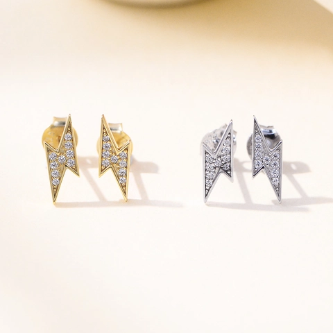 S925 Sterling Silver Lightning Stud Earrings Micro Inlaid Colorful White Zirconia Geometric Dainty Earrings For Women Commuter Jewelry