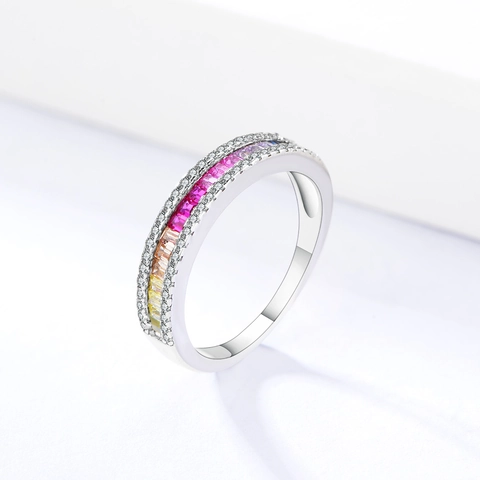 S925 Sterlingsilber Quadratisch Mehrfarbig Zirkonia Ring Regenbogen Mikro Eingelegt Geometrisches Band Schmuck Damen Geschenk