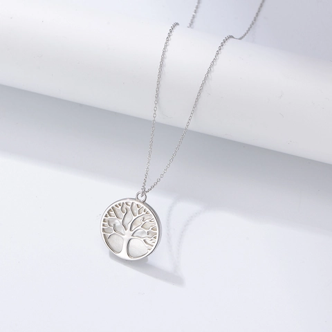 Collar de Pendiente de Árbol de la Vida de Plata de Ley 925 con Concha Blanca Natural Diseño Redondo Hueco Joyería Mujer Diario Citas