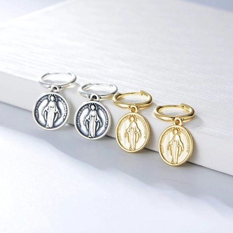925 Sterling Silver Virgin Mary Coin Drop Hoop Earrings Vintage Religious Relief Portrait Dangle Earrings For Women Fashion Jewelry