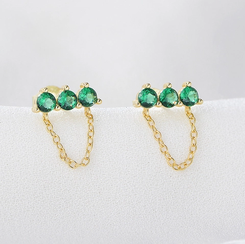 Elegant Green Zirconia Stud Earrings Gold Plated S925 Sterling Silver With Fringe Chain Minimalist Jewelry For Women Party