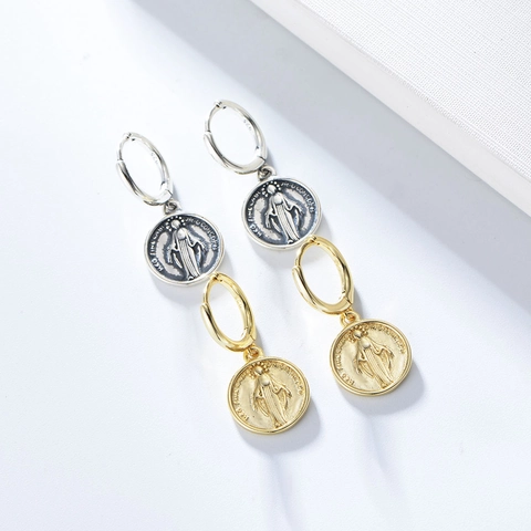 925 Sterling Silver Virgin Mary Coin Drop Hoop Earrings Vintage Religious Relief Portrait Dangle Earrings For Women Fashion Jewelry