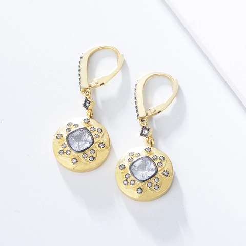 Vintage Court Style 925 Sterling Silver Round Drop Earrings Matte Gold Plated Square Rhinestone Inlaid For Women Jewelry